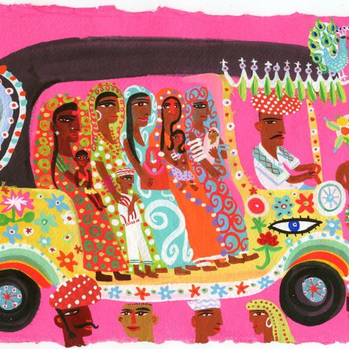 A illustration by Christopher Corr of a crowd in an autorickshaw