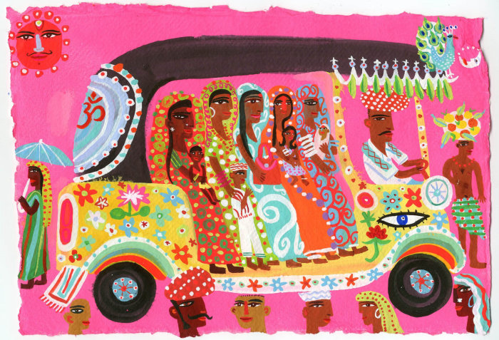 Une illustration par Christopher Corr d&#39;une foule dans un autorickshaw