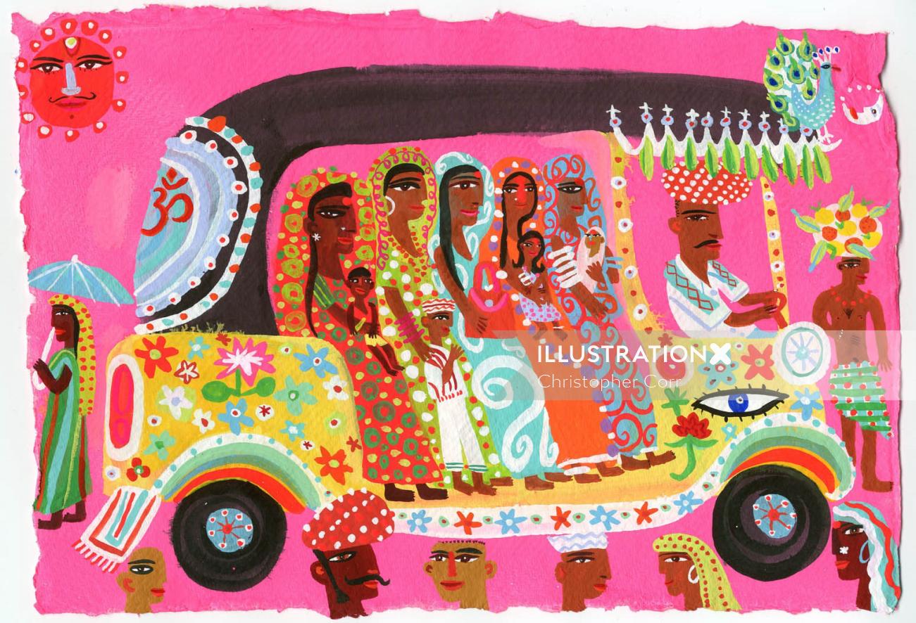 Uma ilustração de Christopher Corr de uma multidão em um autorickshaw