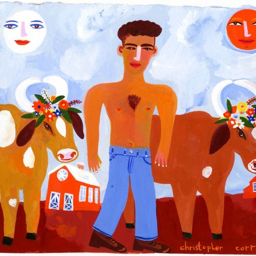 cartoon illustration of a man and cows by Christopher Corr