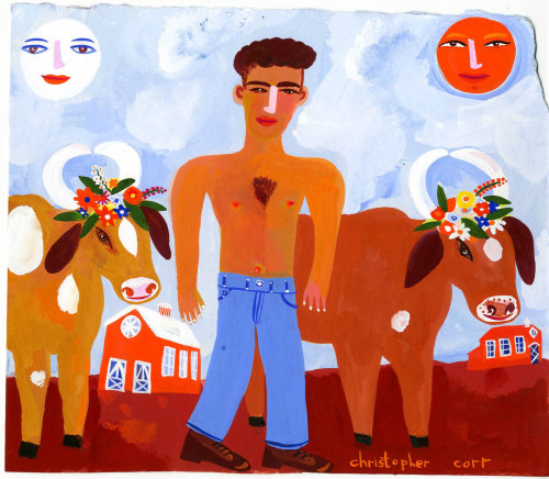 cartoon illustration of a man and cows by Christopher Corr