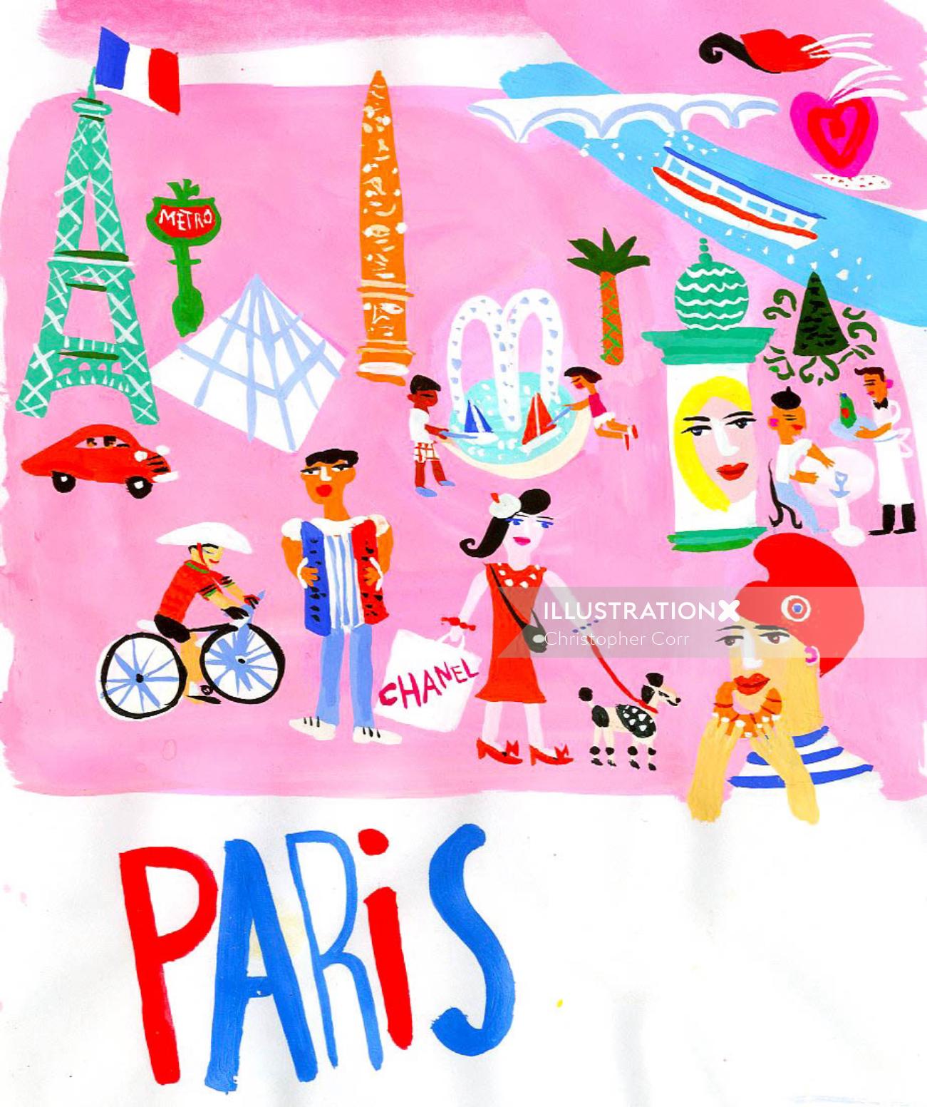 Mapa de pintura sobre atrações turísticas de Paris