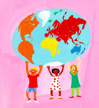 Niños de dibujos animados sosteniendo el mundo - Una ilustración de Christopher Corr