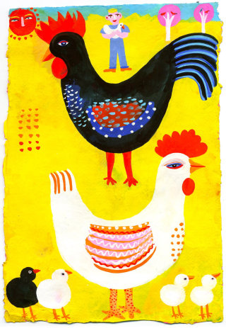 Illustration du coq et de la poule par Christopher Corr