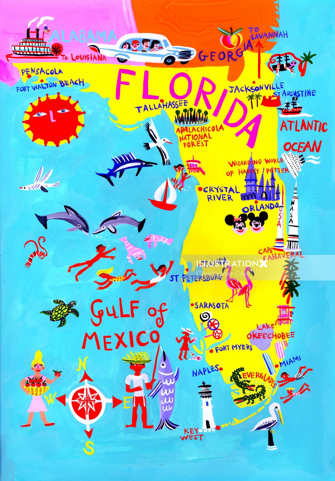Mapa ilustrado do turismo da Flórida
