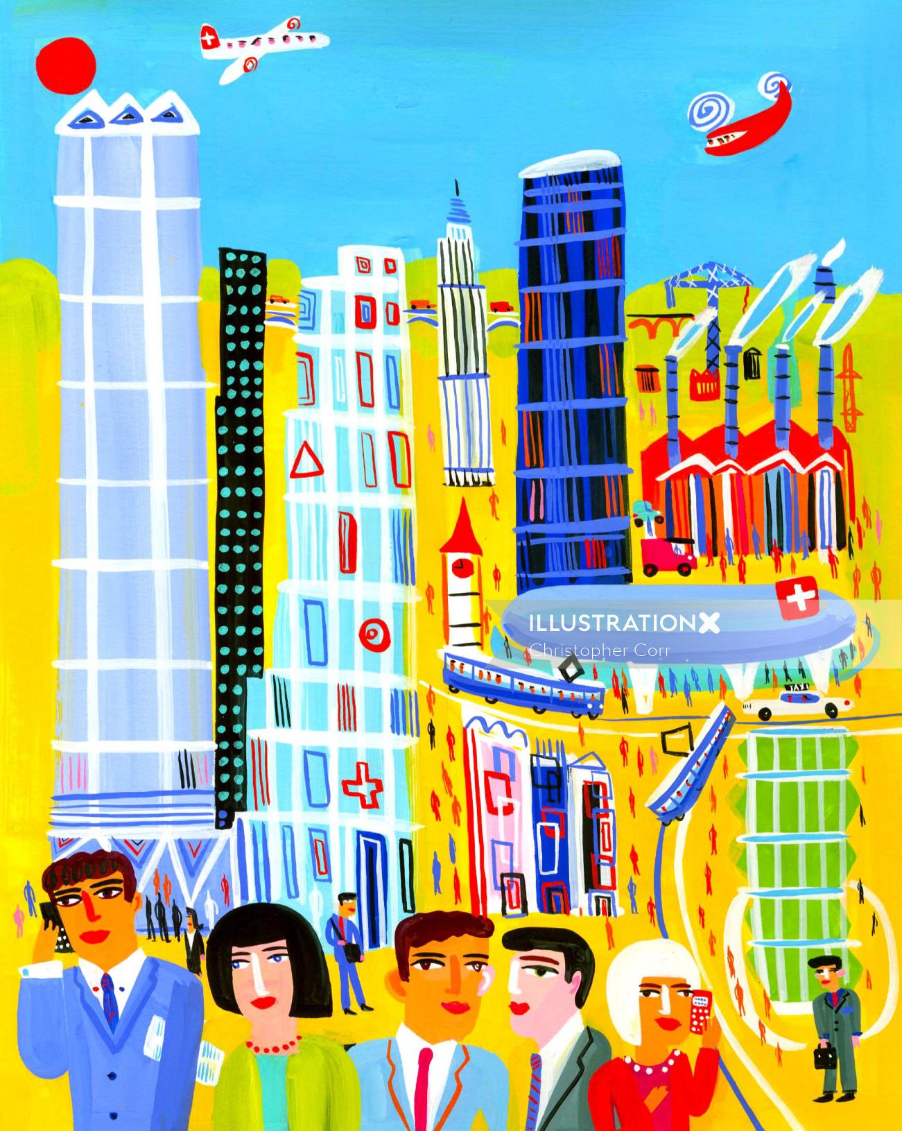 Ilustração de pessoas e edifícios por Christopher Corr