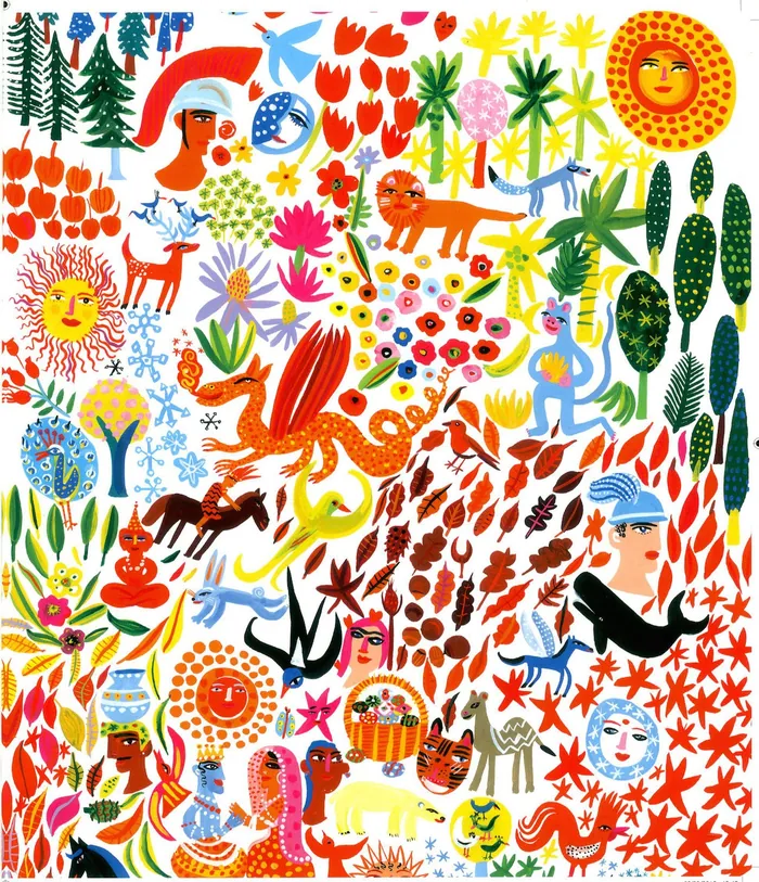 Colorful tribal life illustration with animals and plants by Christopher Corr