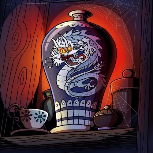 Graphic illustration of chinese dragon on vase
