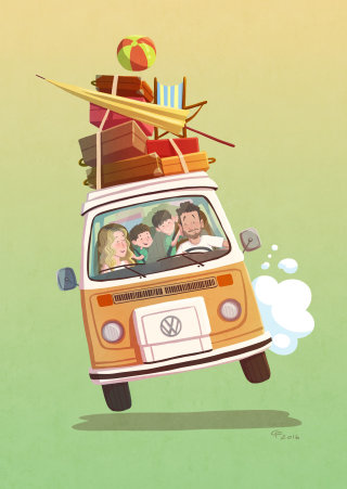 Familia de ilustraciones infantiles en furgoneta.
