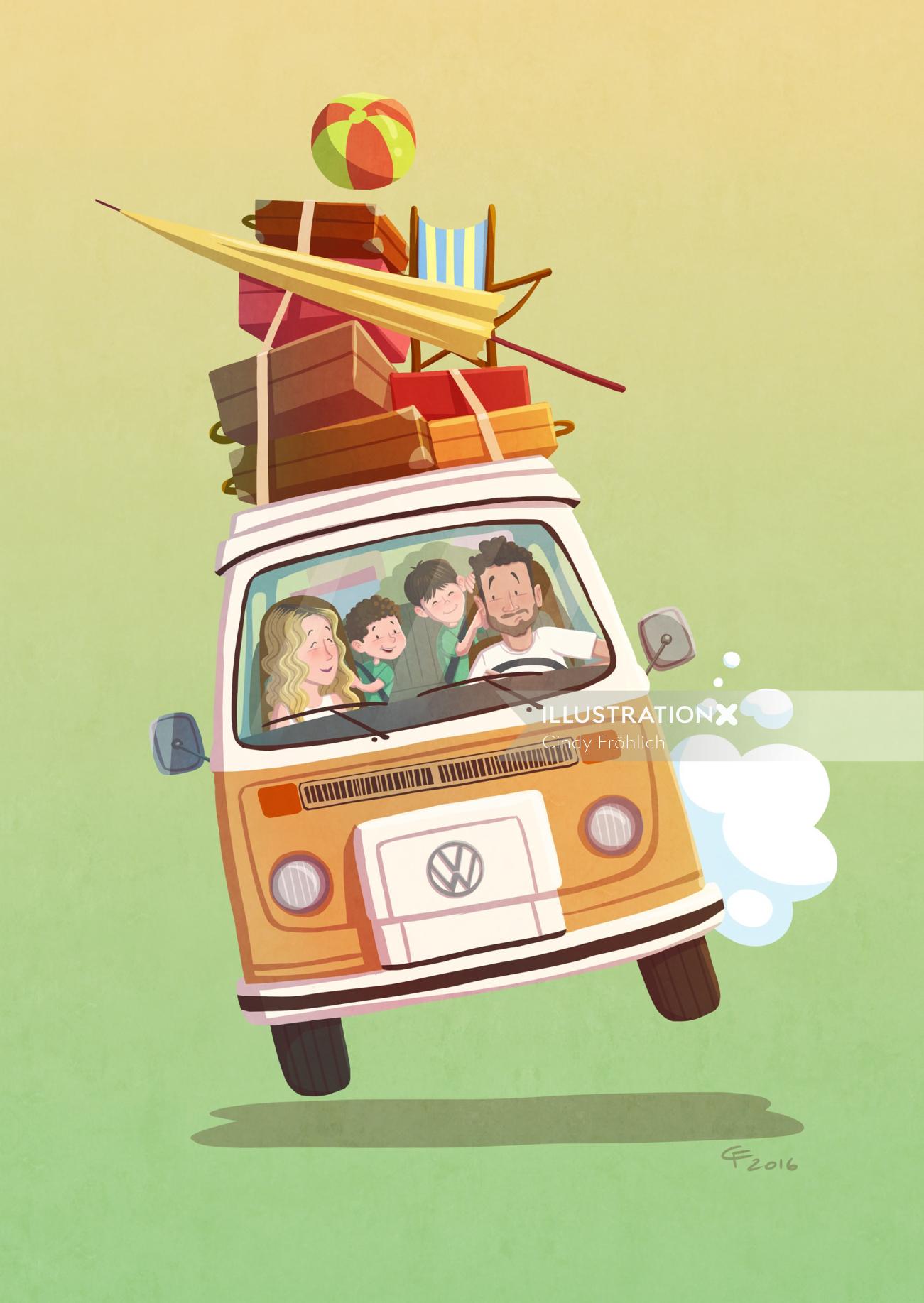 Children illustraion family in van
