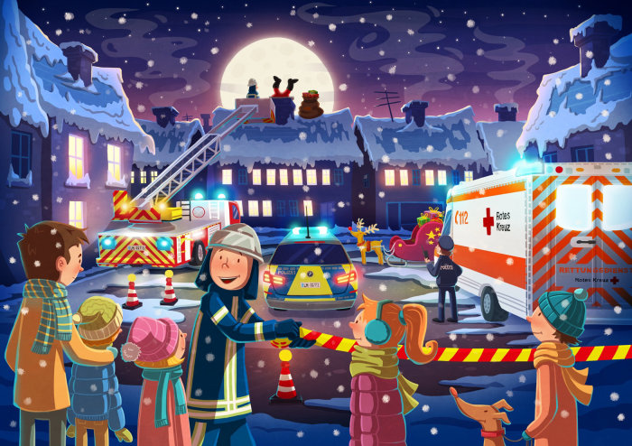 Cartoon e humor com neve na cidade com ambulância