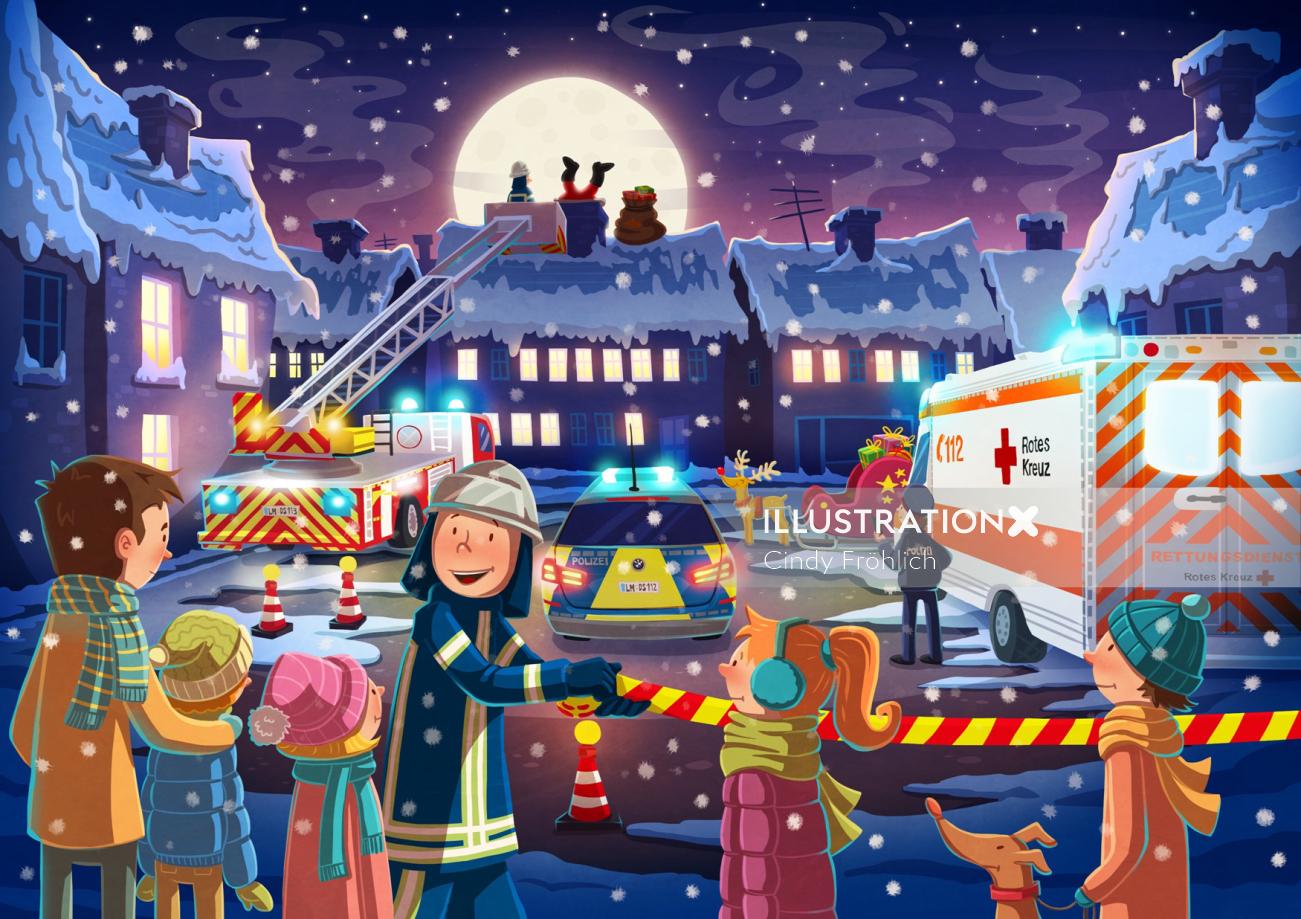 Cartoon & Humour snowy city with ambulance
