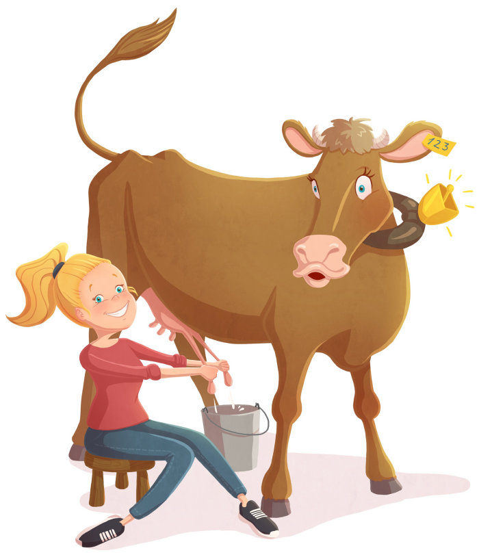 ilustración infantil niña con vaca