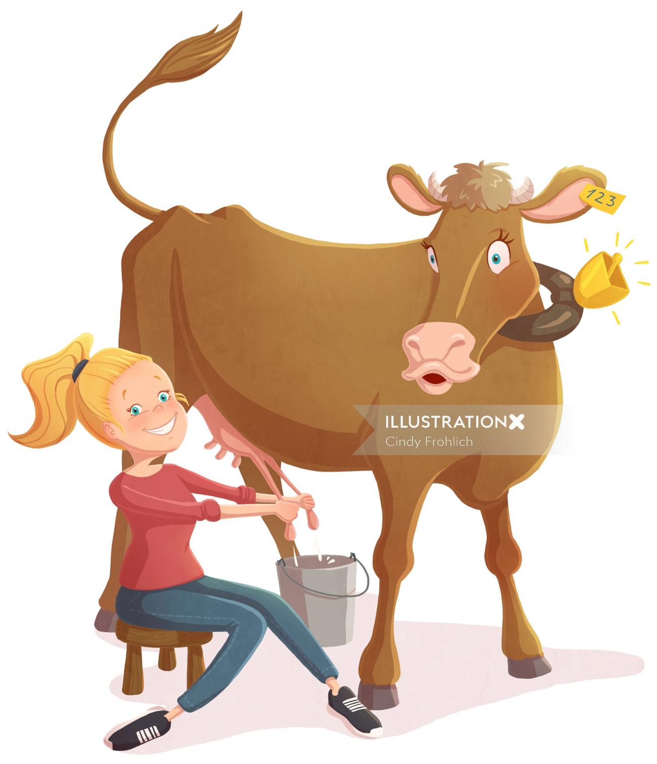 牛と子供のイラストの女の子
