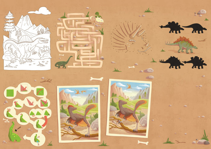 Mapa infantil da selva com dinossauros