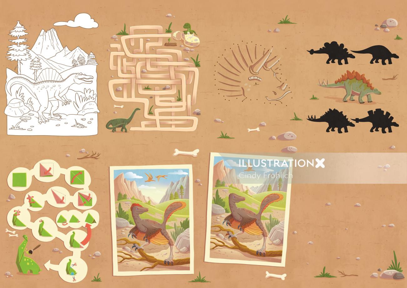 Children jungle map with dinosaurs