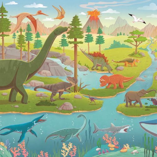 Children dinosaurs in jungle