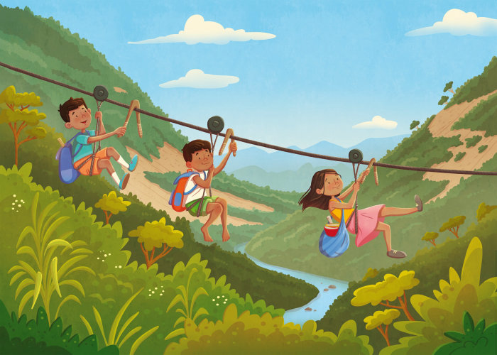 Children sliding through rope