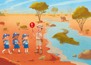 Niños con guía en el lago de los cocodrilos.