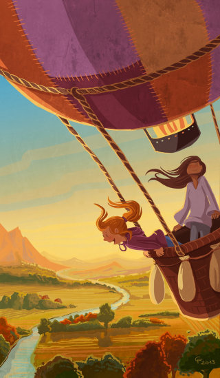 Children illustration girl in air balloon

