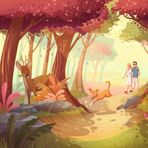 Children illustration of couple walking in jungle
