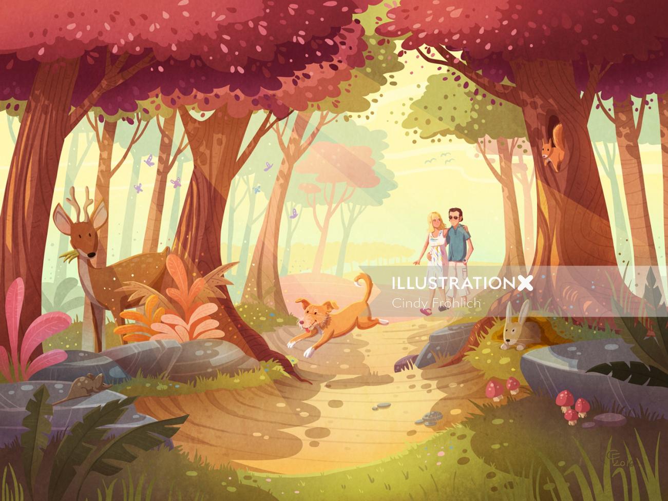 ジャングルの中を歩くカップルの子供のイラスト