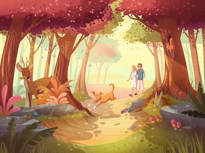 Children illustration of couple walking in jungle
