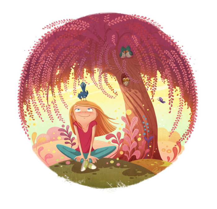 ilustración infantil niña bajo el árbol rojo
