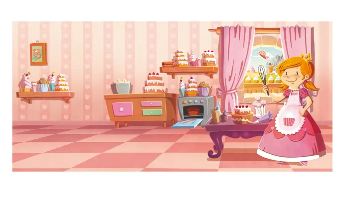 Children illustration  girl in cake room
