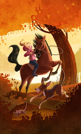 ilustração de crianças garota andando a cavalo
