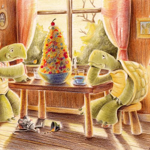 Children illustration turtles in kitchen
