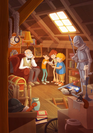 ilustración infantil niños con anciano
