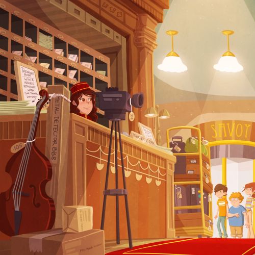 Graphic illustration of girl with camera and violin
