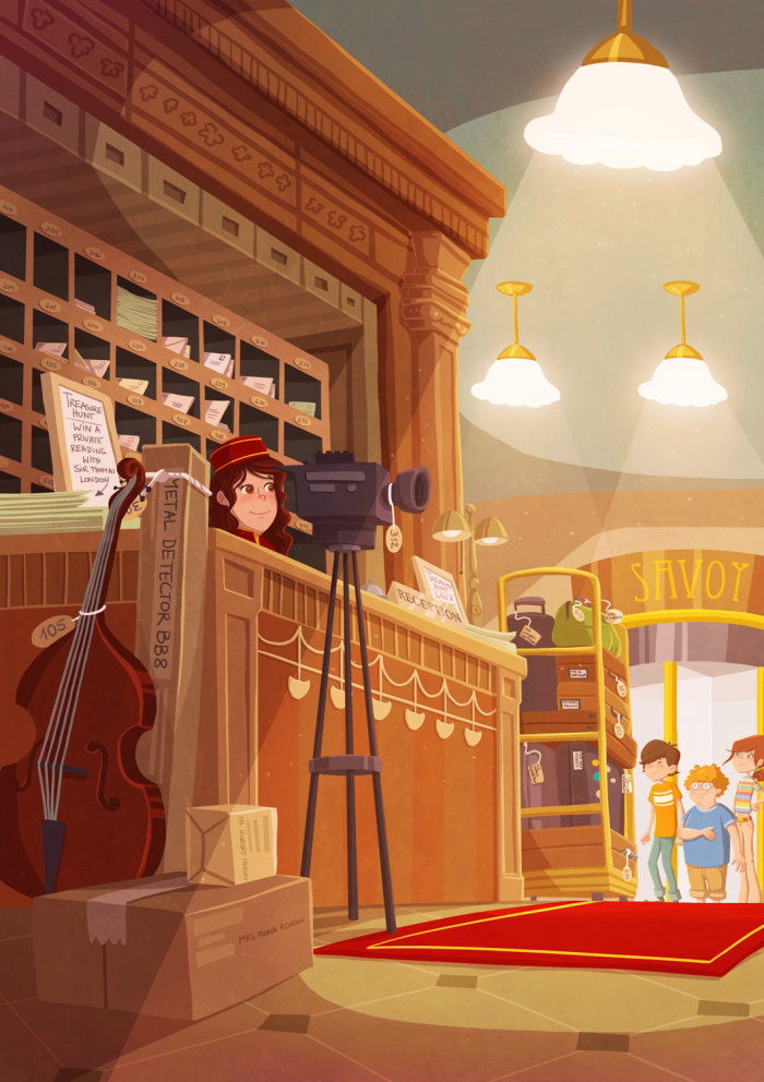 Graphic illustration of girl with camera and violin
