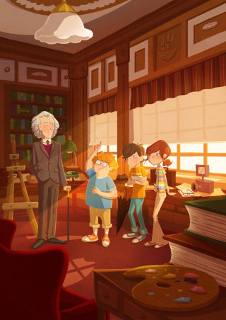 Ilustração infantil, crianças com cientista

