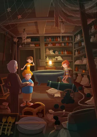 Children illustration in store room
