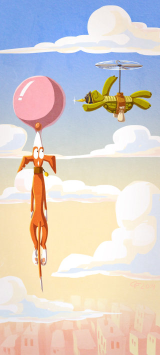 儿童插画与飞行气球
