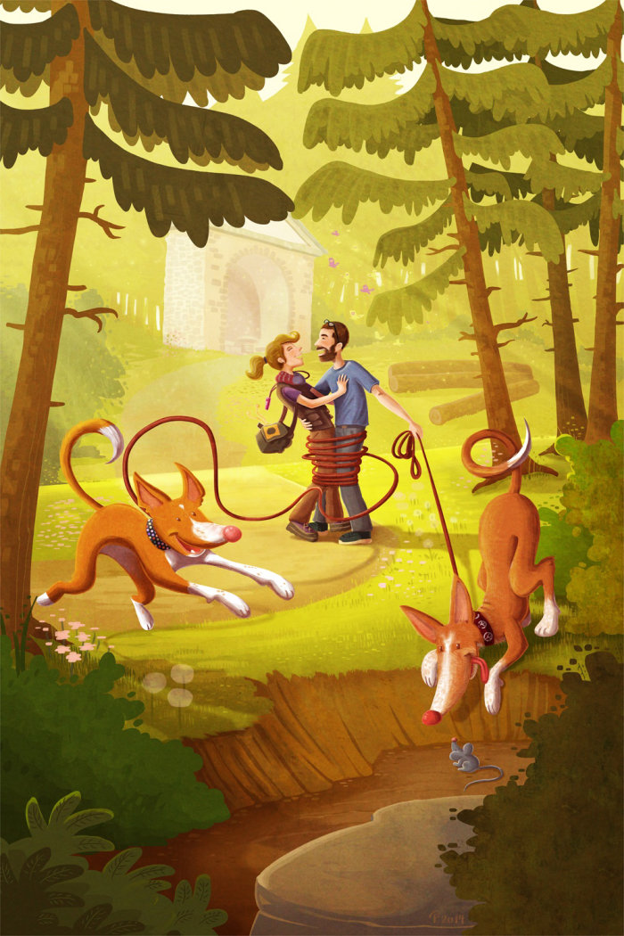 Casal com cachorros na floresta