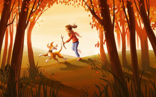 Ilustración infantil niña jugando con perro.
