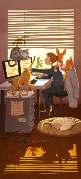 niños, ilustración, animales, y, niño, con, computadora
