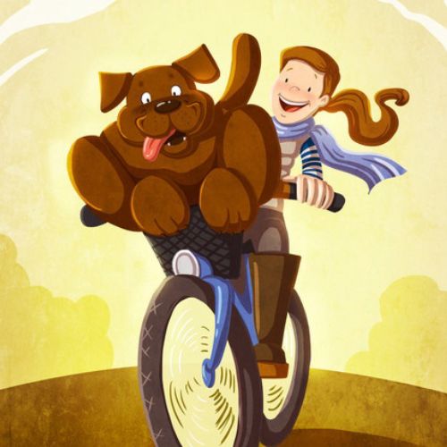 children illustration dog and boy on a bicycle

