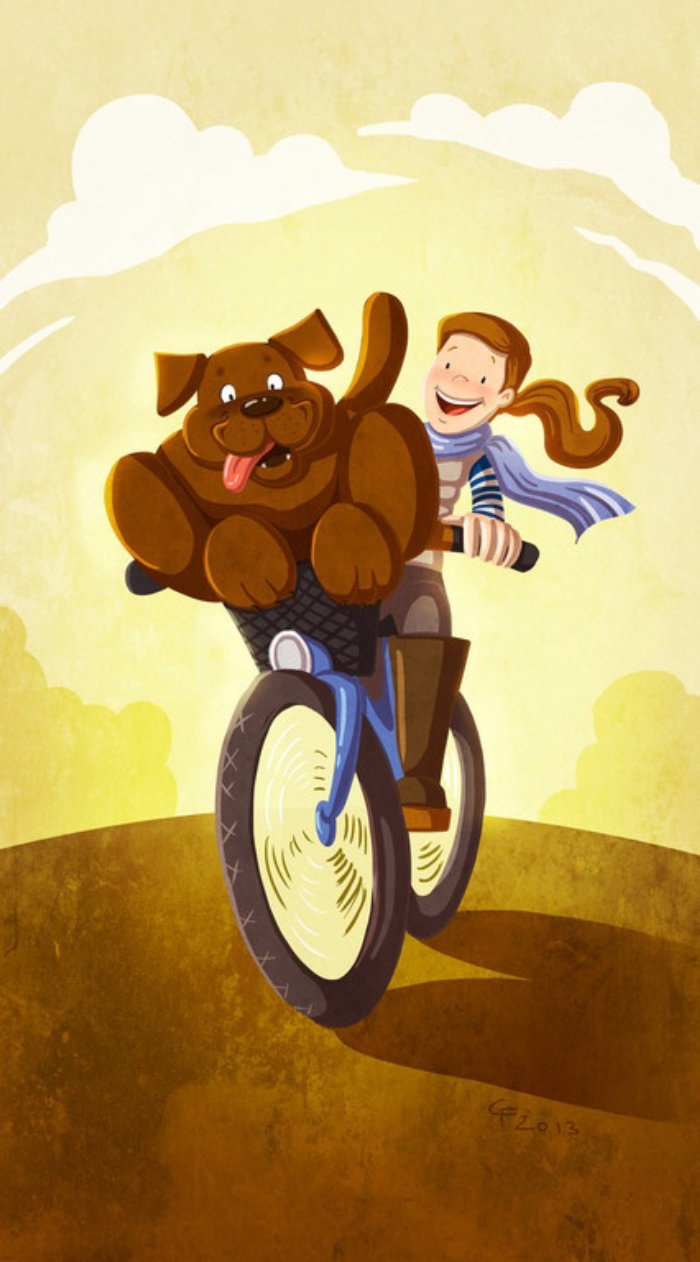 ilustração de crianças cachorro e menino em uma bicicleta