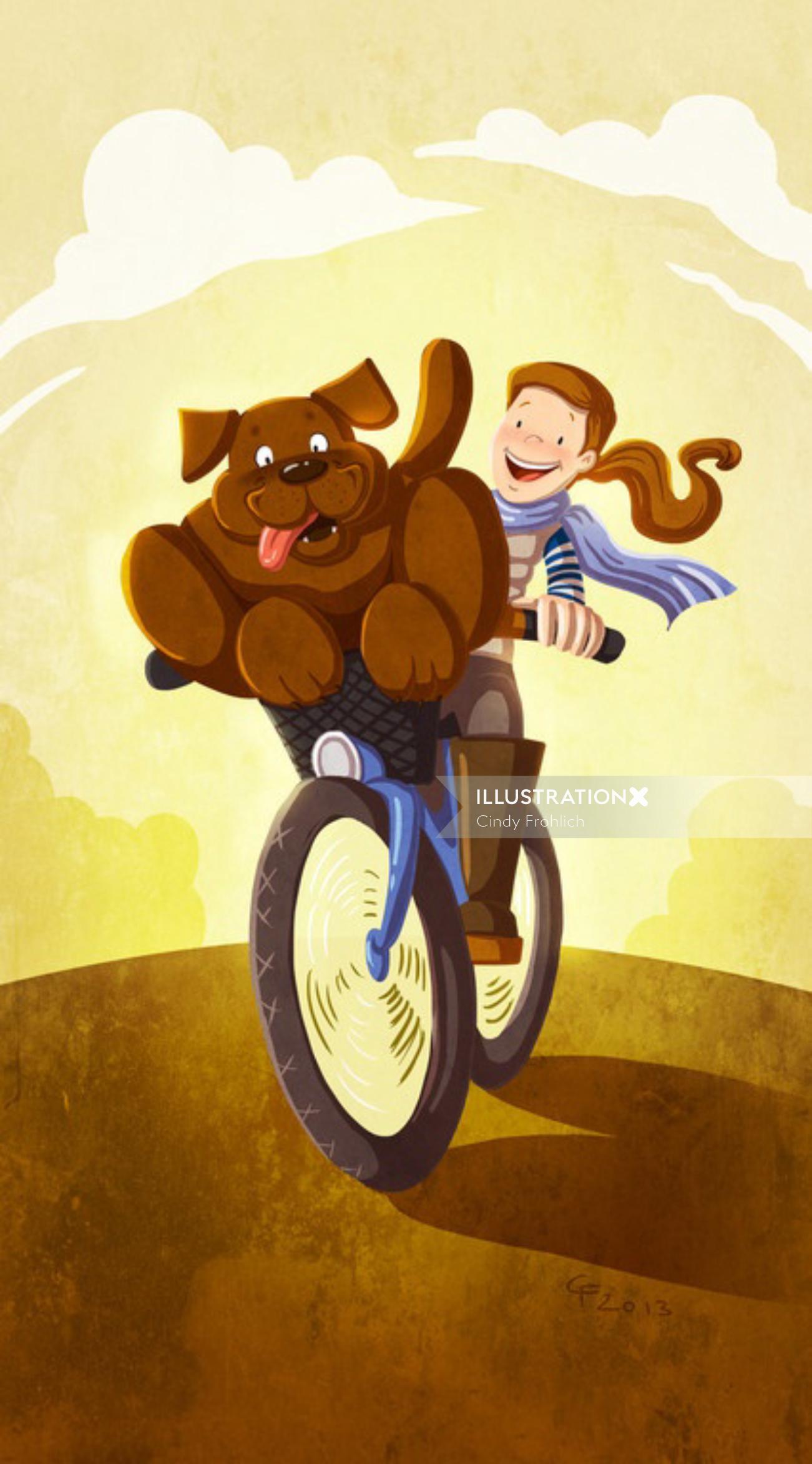 子供イラスト犬と自転車の少年