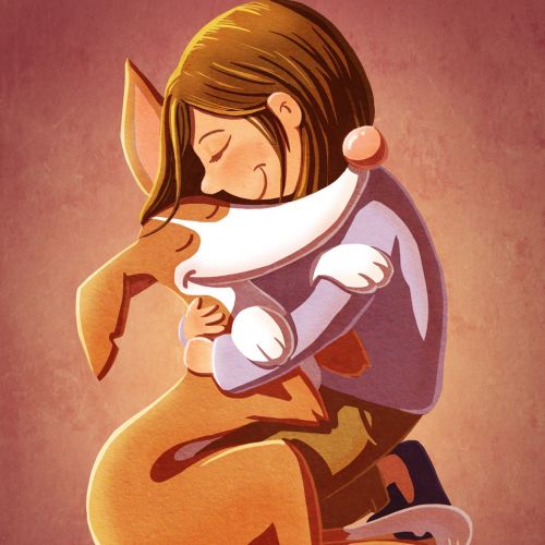 children illustration girl hugging dog
