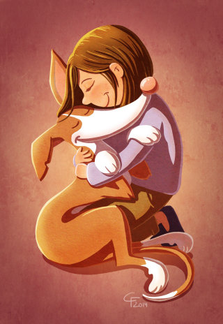 犬を抱きしめる女の子の子供のイラスト

