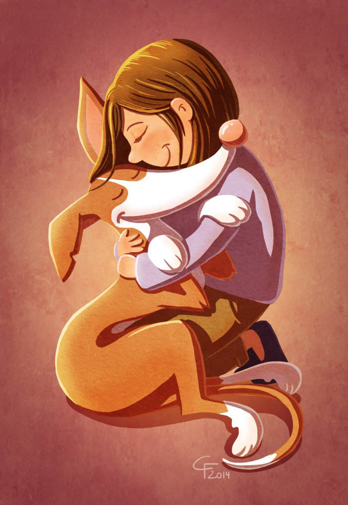 ilustración infantil niña abrazando perro