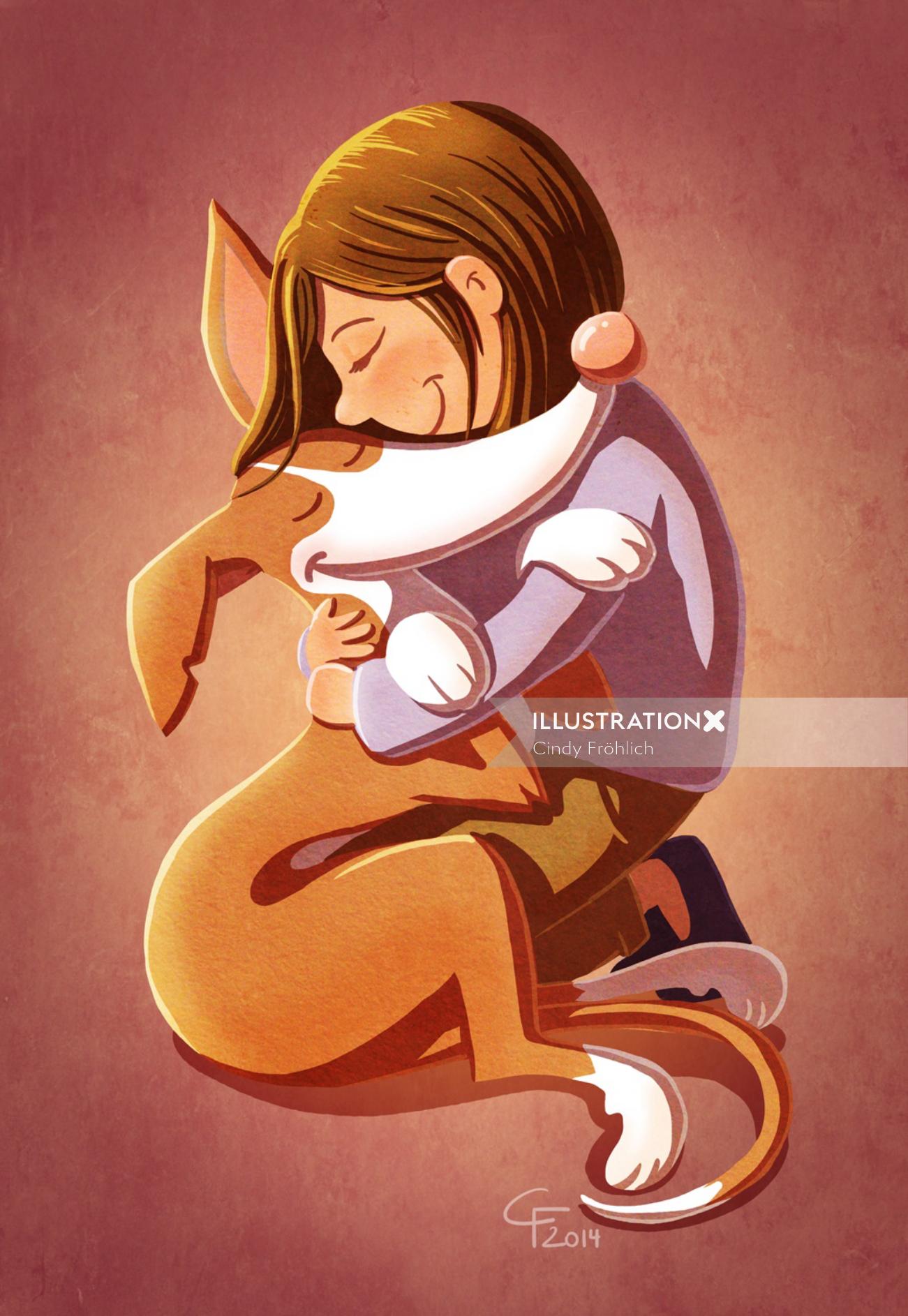 犬を抱き締める子供のイラストの女の子