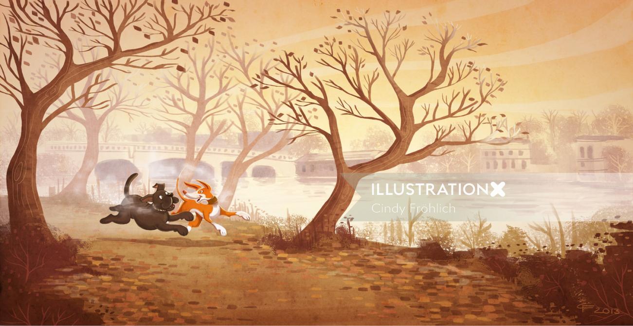 children illustration running dog
