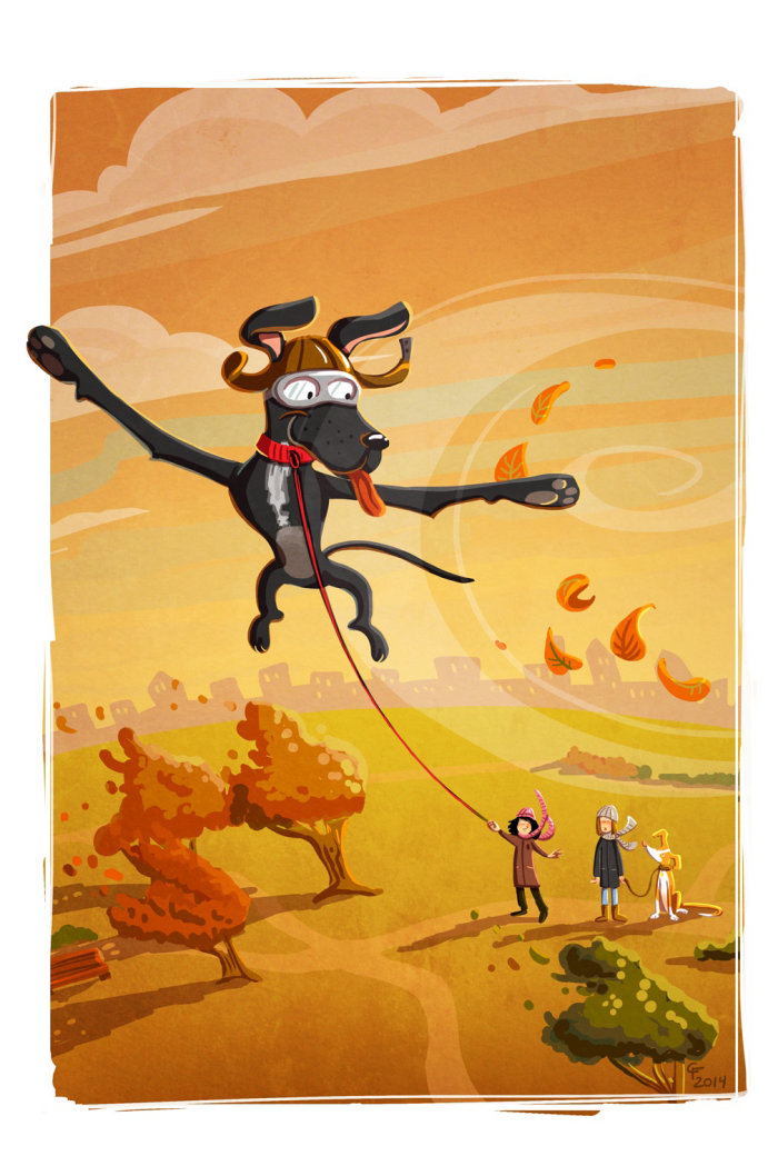 Children illustration flying dog
