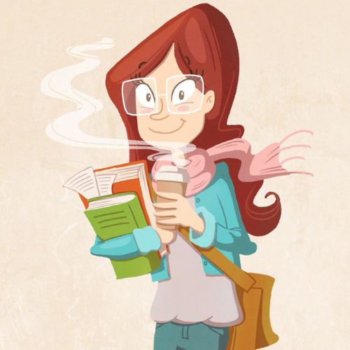 character design of woman with coffee and books
